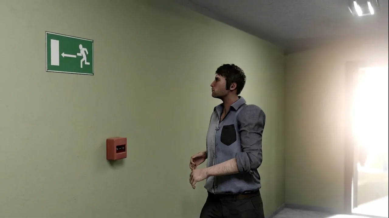 Únikový východ a tlačítkový hlásič požáru — 3D scéna z požární ochrany